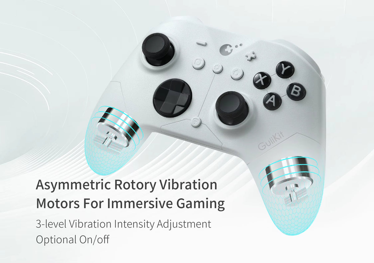 GuliKit ES Controller in white finish highlighting asymmetric rotary vibration motors. Text reads “Asymmetric Rotary Vibration Motors for Immersive Gaming – 3‑level Vibration Intensity Adjustment, Optional On/Off.” Blue glow effects on both handles illustrate advanced haptic feedback for realistic gaming sensations.
