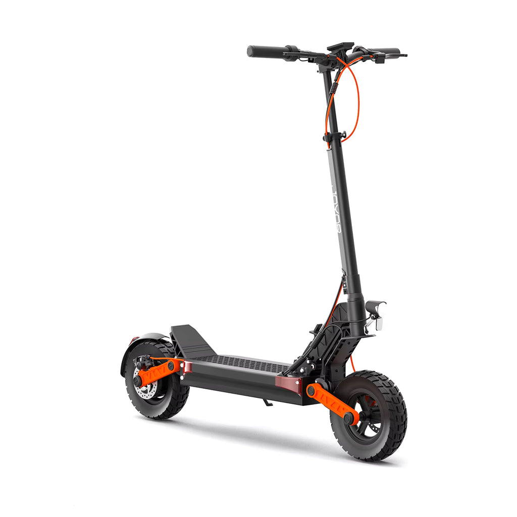 Black electric scooter with orange accents on a white background