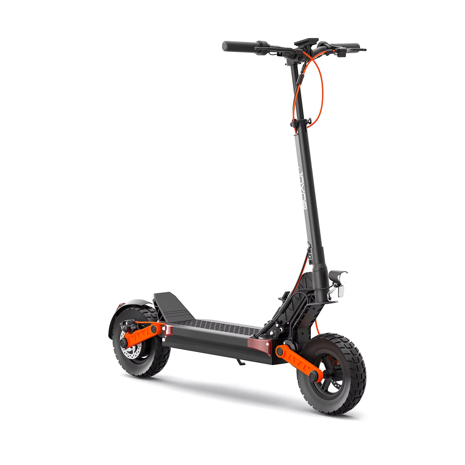 Black electric scooter with orange accents on a white background