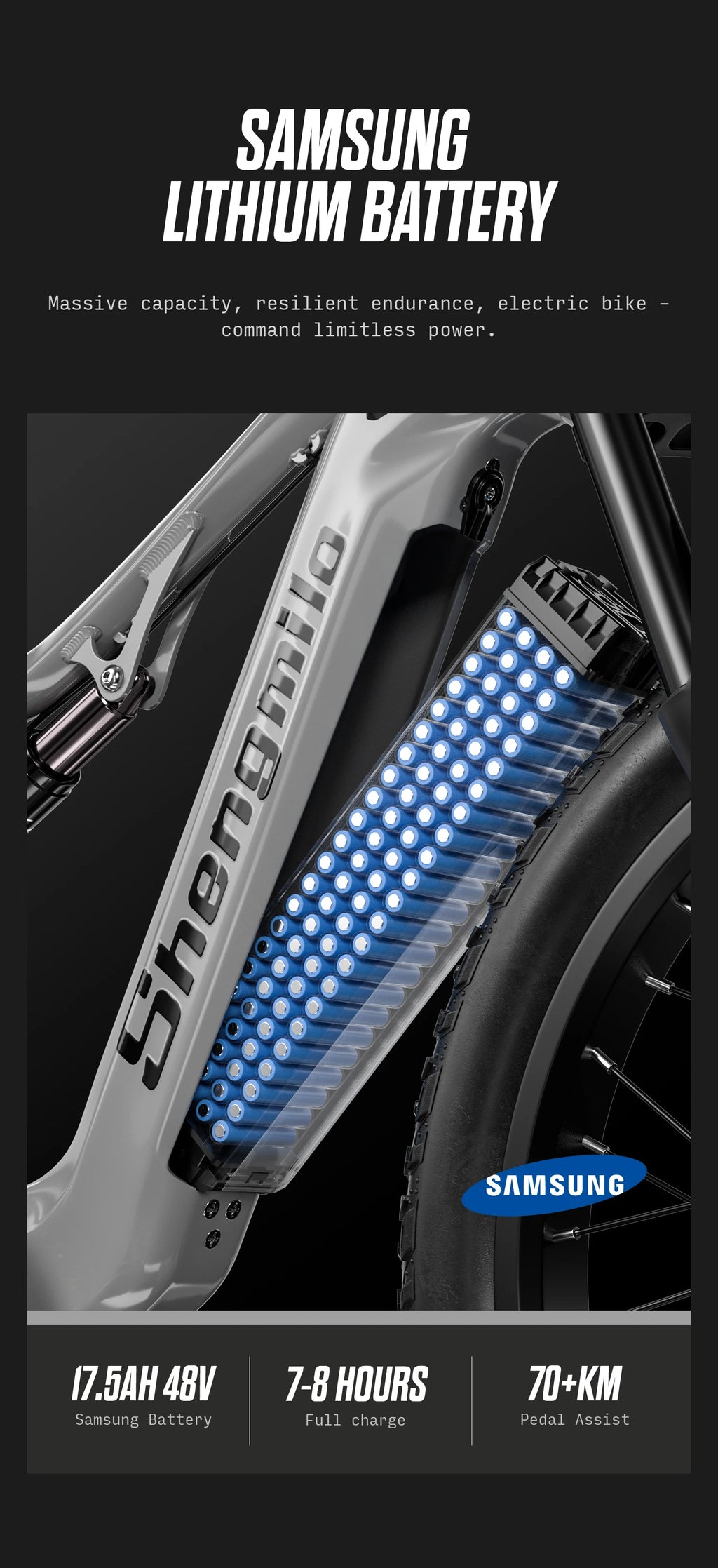 Electric bike with Samsung lithium battery pack on a black background