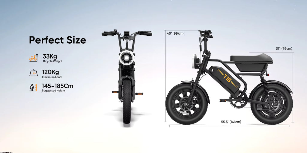 Detailed dimension diagram for the Urlife T16 electric bike illustrating frame measurements, including 141cm length, 99cm total height, 79cm seat height, 33kg weight, and a 120kg rider capacity.