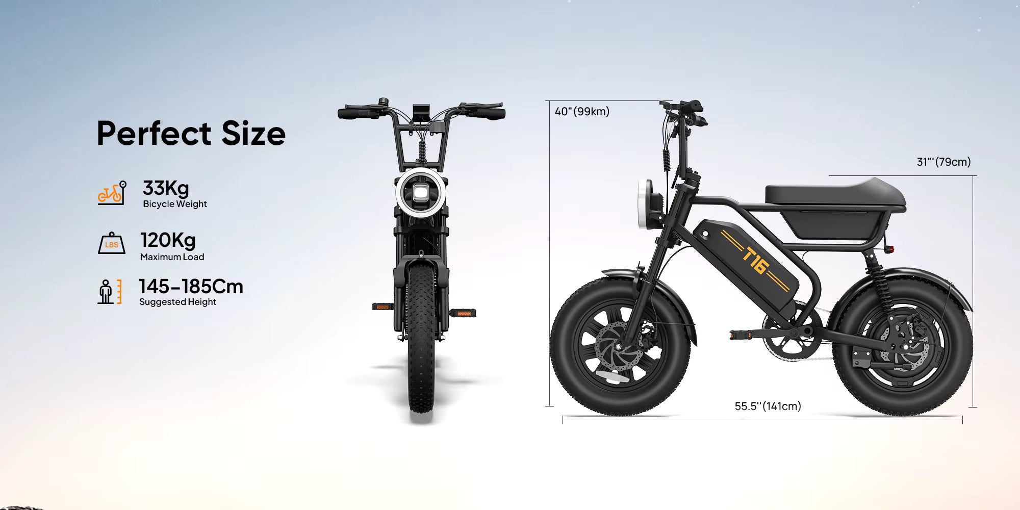 Detailed dimension diagram for the Urlife T16 electric bike illustrating frame measurements, including 141cm length, 99cm total height, 79cm seat height, 33kg weight, and a 120kg rider capacity.