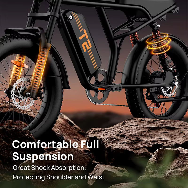 URLIFE T2 Electric bike with comfortable full suspension system on a rocky terrain