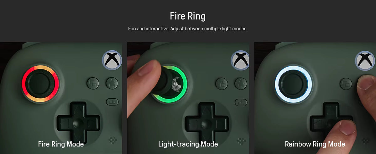 Three close‑up views of an Xbox‑style gaming controller showing customizable joystick lighting modes: red‑orange Fire Ring, green Light‑tracing, and white‑blue Rainbow Ring, illustrating interactive LED effects around the analog stick.
