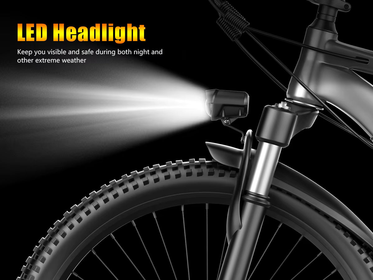 Bicycle LED headlight on a black background with text about visibility and safety.