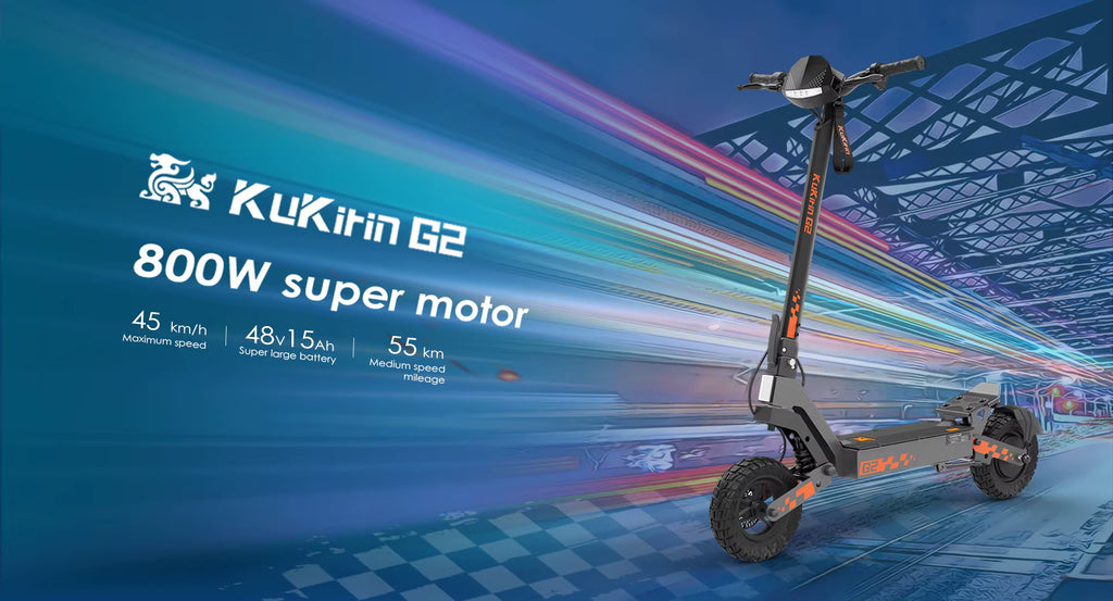 Electric scooter with KUKIRIN G2 branding and specifications on a colorful background