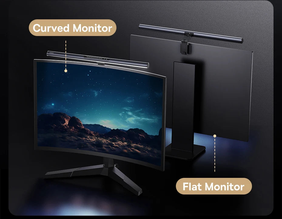 Two computer monitors, one curved and one flat, on a dark background showing a lightbar