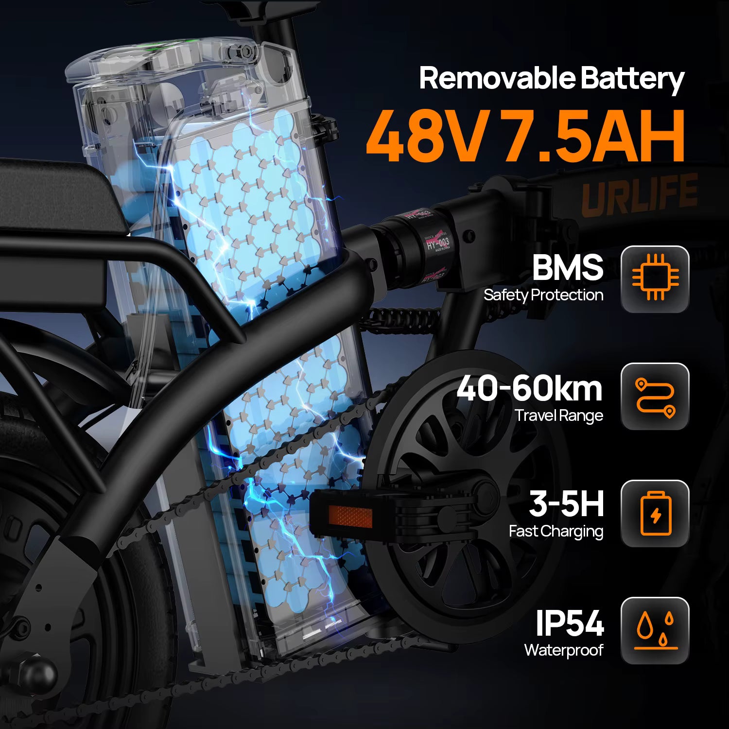 Electric bike with a removable battery pack, showing specifications on a dark background.
