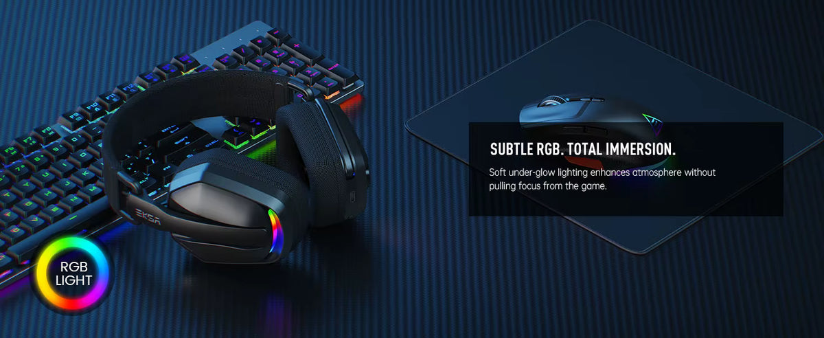 A gaming headset with RGB lighting is shown alongside a keyboard and mouse pad on a dark textured surface