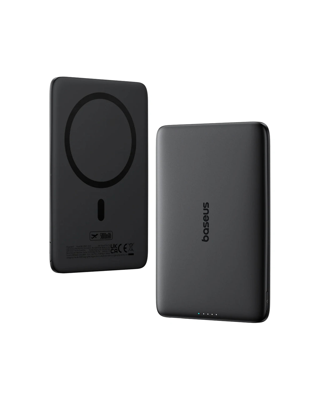 Baseus Thin Magnetic Wireless Power Bank 20W 5000mAh in Cosmic Black showing front magnetic charging ring and smooth rear finish with LED power indicators.