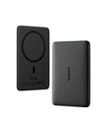 Baseus Thin Magnetic Wireless Power Bank 20W 5000mAh in Cosmic Black showing front magnetic charging ring and smooth rear finish with LED power indicators.