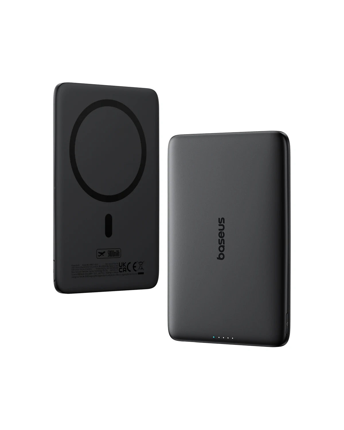 Baseus Thin Magnetic Wireless Power Bank 20W 5000mAh in Cosmic Black showing front magnetic charging ring and smooth rear finish with LED power indicators.