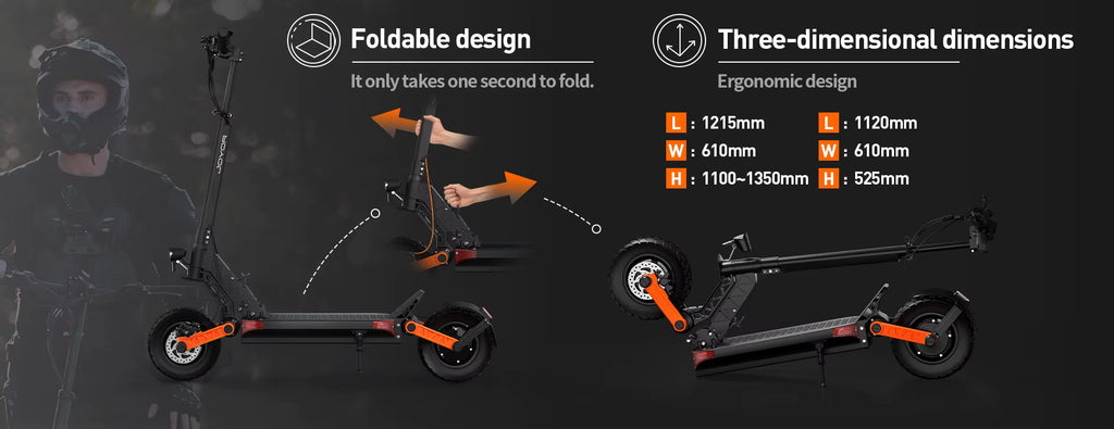 Foldable electric scooter with specifications on a dark background