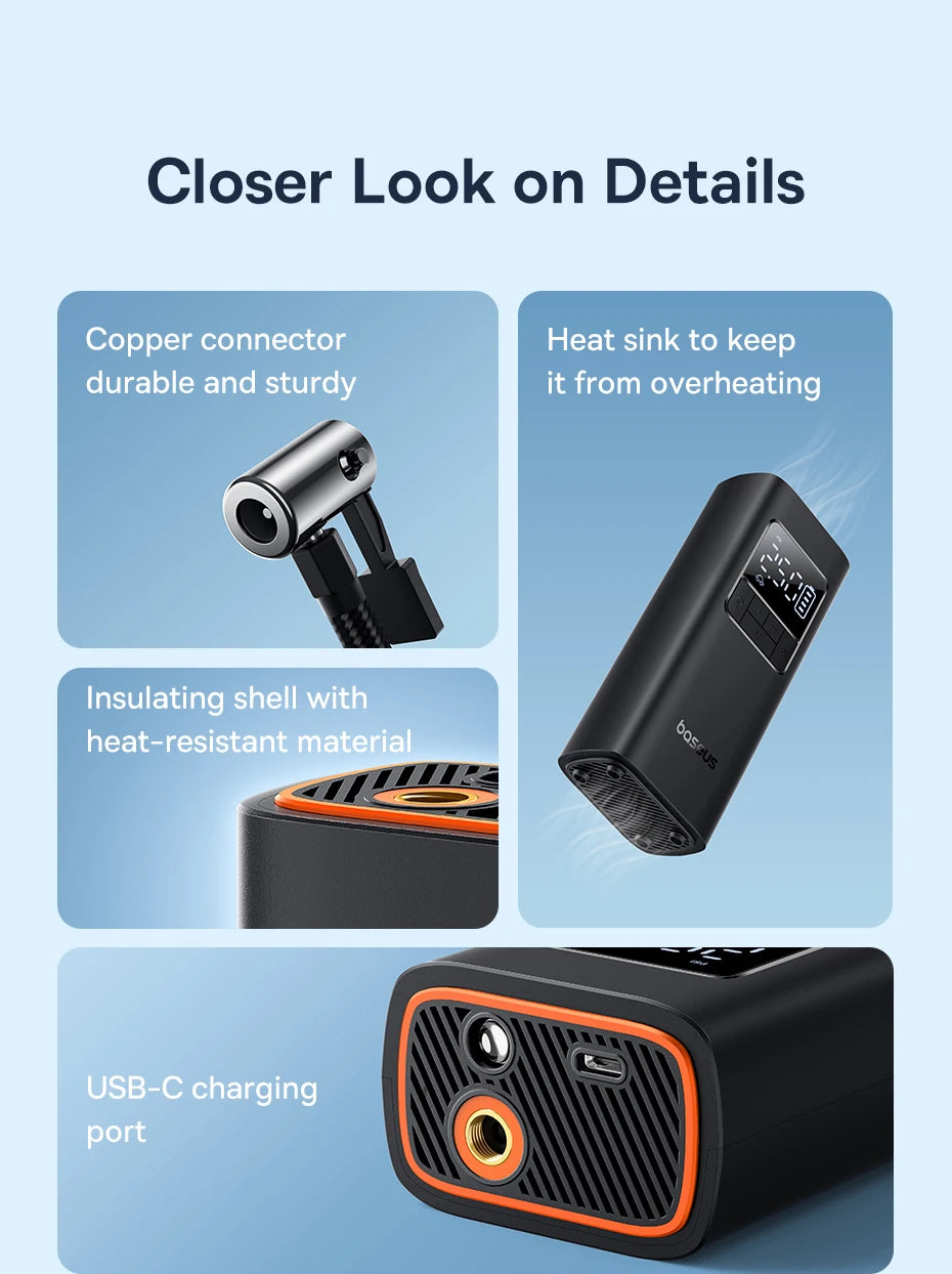 Product details with text labels on a blue background