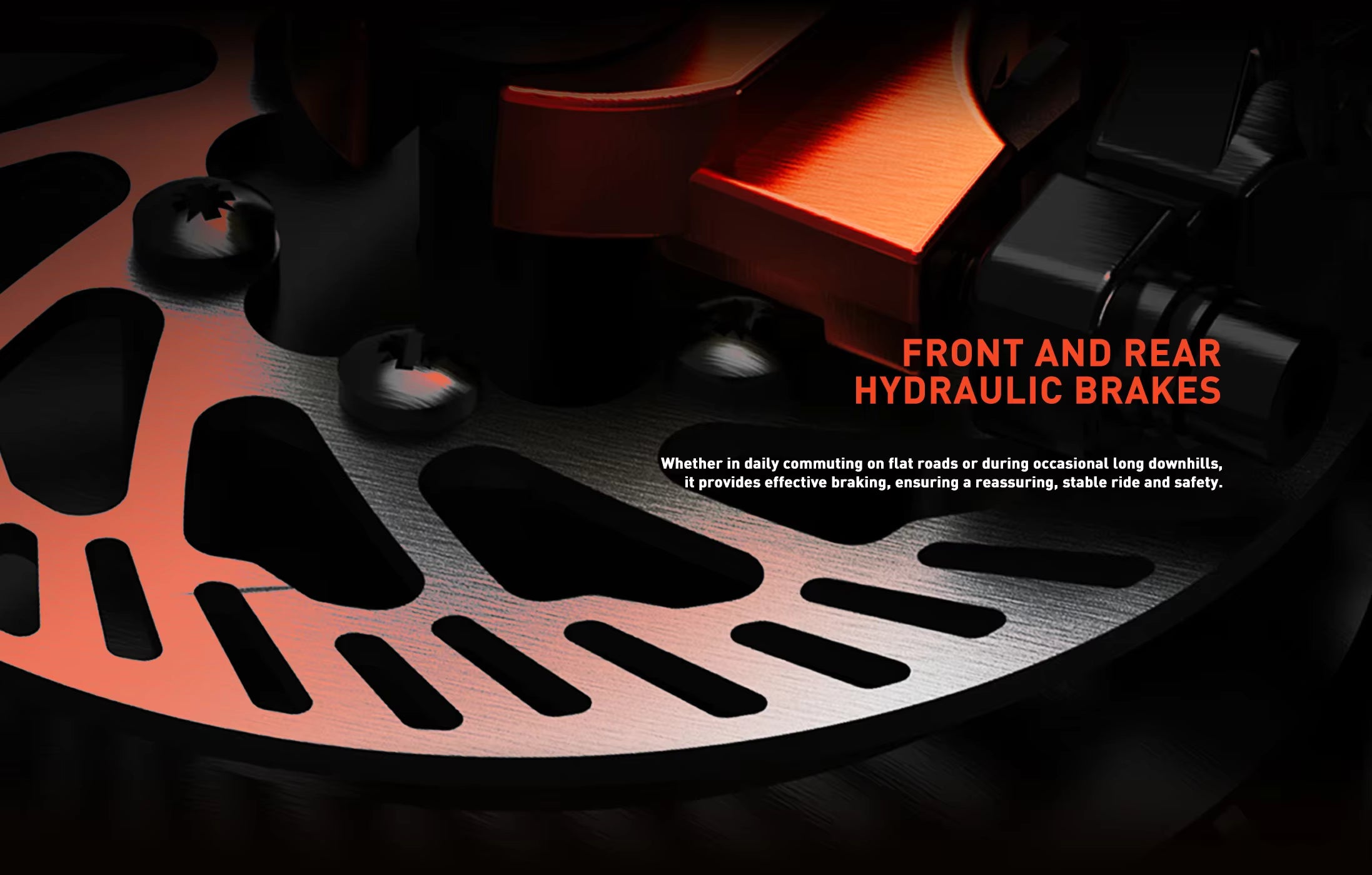 Close-up of a scooter brake disc system with text about hydraulic brakes.