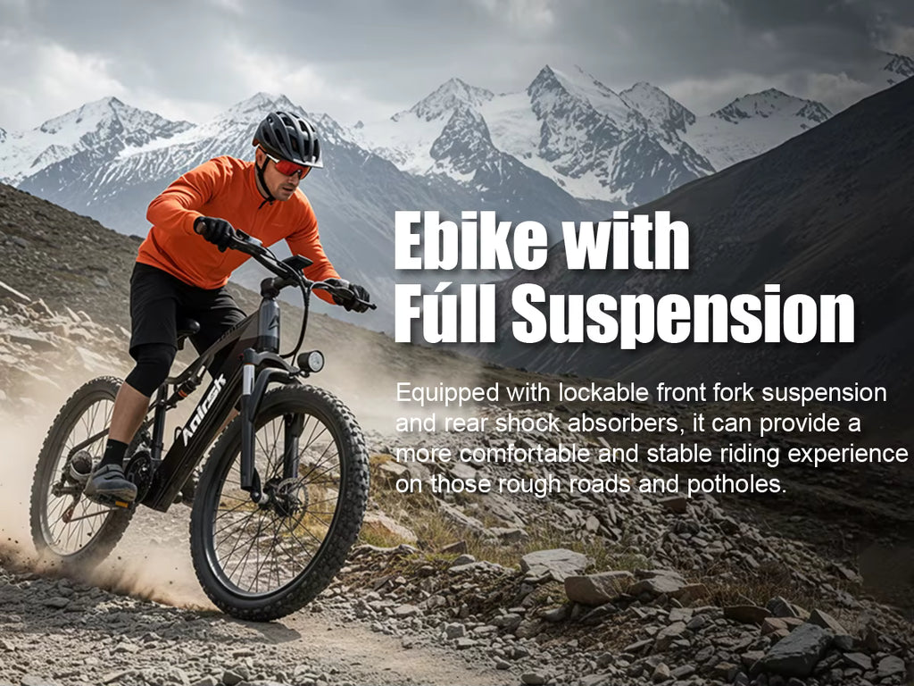 Person riding an electric bike on a mountainous trail with text about e-bike full suspension.