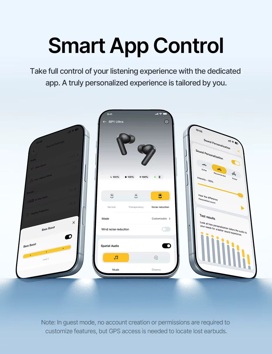 Smart app control for wireless Baseus EP10 earbuds with smartphone interface on a light blue background