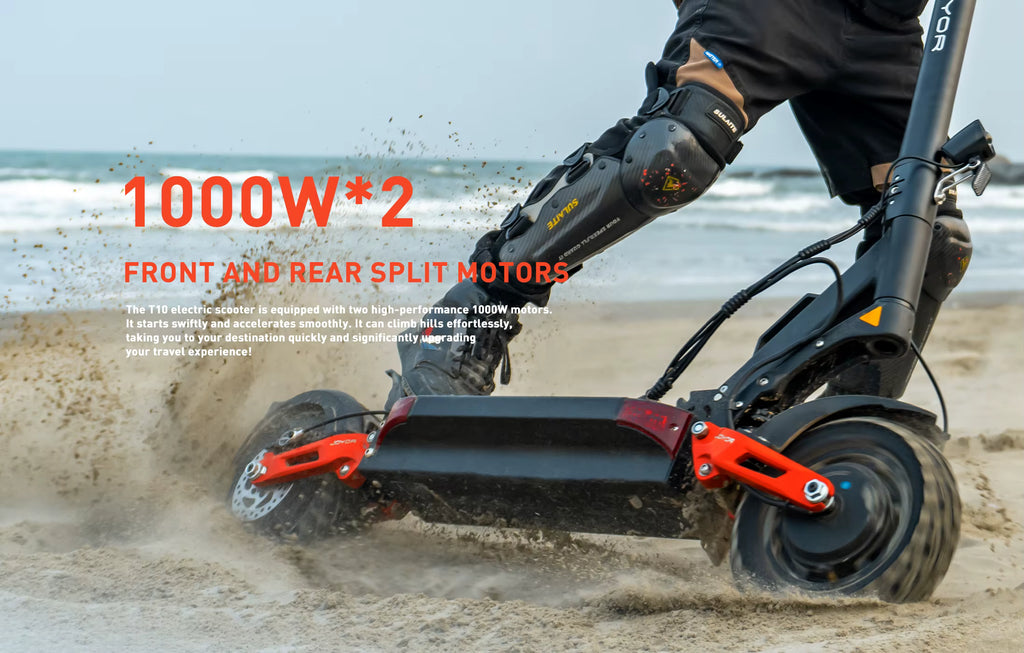 Electric scooter on a beach with text about motor power specifications