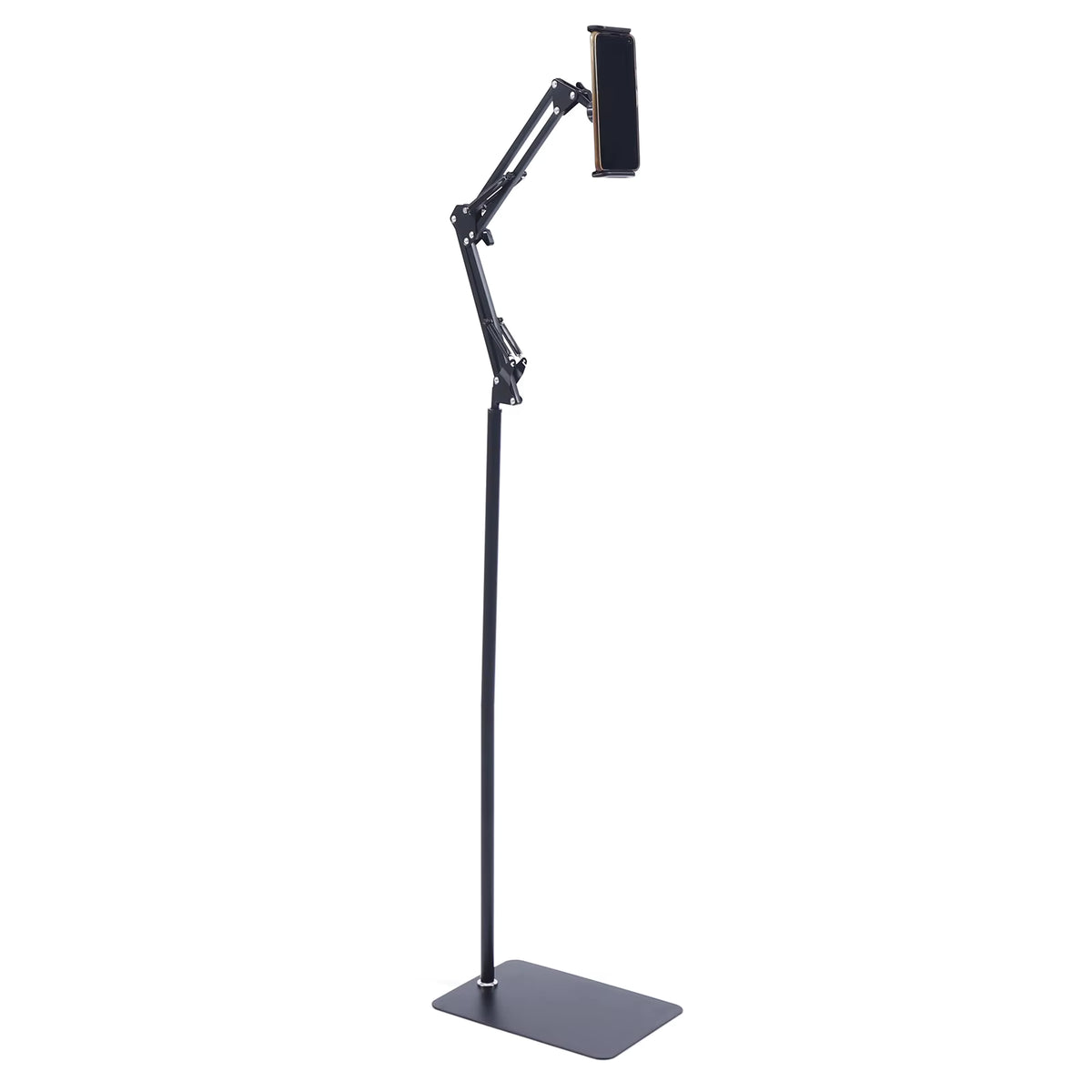 Universal Adjustable Floor Tablet Bracket in matte black full-body view   