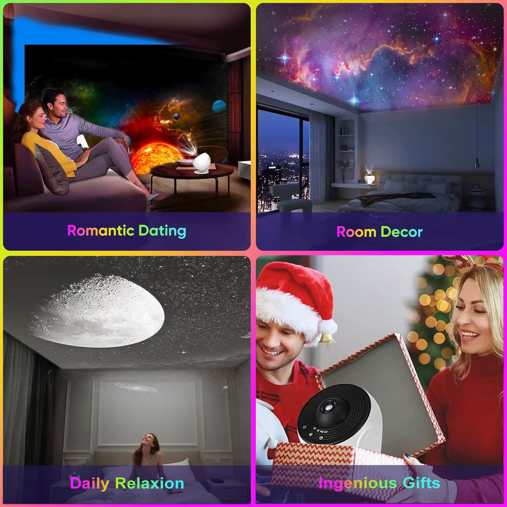 A four-panel promotional collage showing a galaxy projector in use: two people watching a romantic space scene on a wall, a galaxy projection on a bedroom ceiling, a woman watching a moon-like projection on a ceiling, and a man receiving a gift box with the projector inside. Text labels read 'Romantic Dating,' 'Room Decor,' 'Daily Relaxion,' and 'Ingenious Gifts.