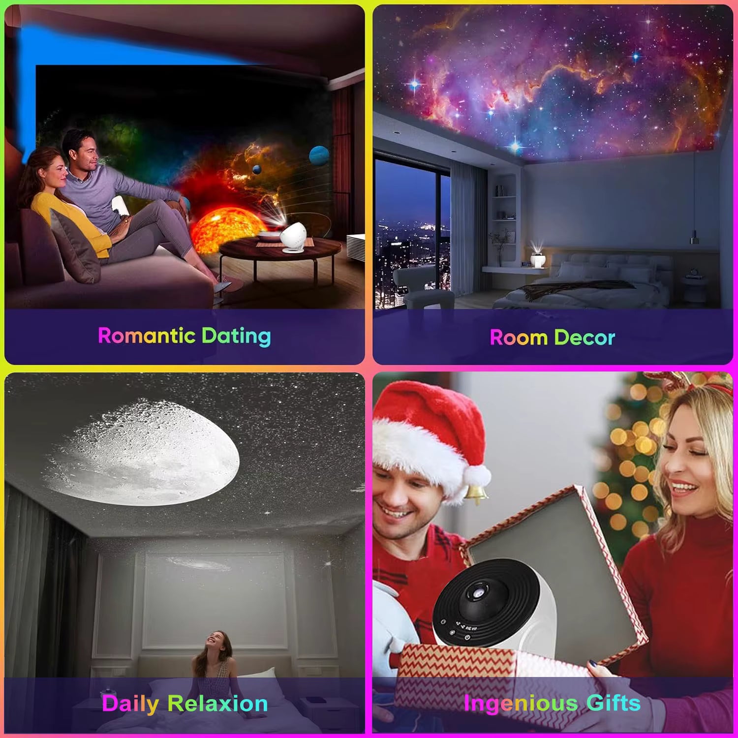 A four-panel promotional collage showing a galaxy projector in use: two people watching a romantic space scene on a wall, a galaxy projection on a bedroom ceiling, a woman watching a moon-like projection on a ceiling, and a man receiving a gift box with the projector inside. Text labels read 'Romantic Dating,' 'Room Decor,' 'Daily Relaxion,' and 'Ingenious Gifts.