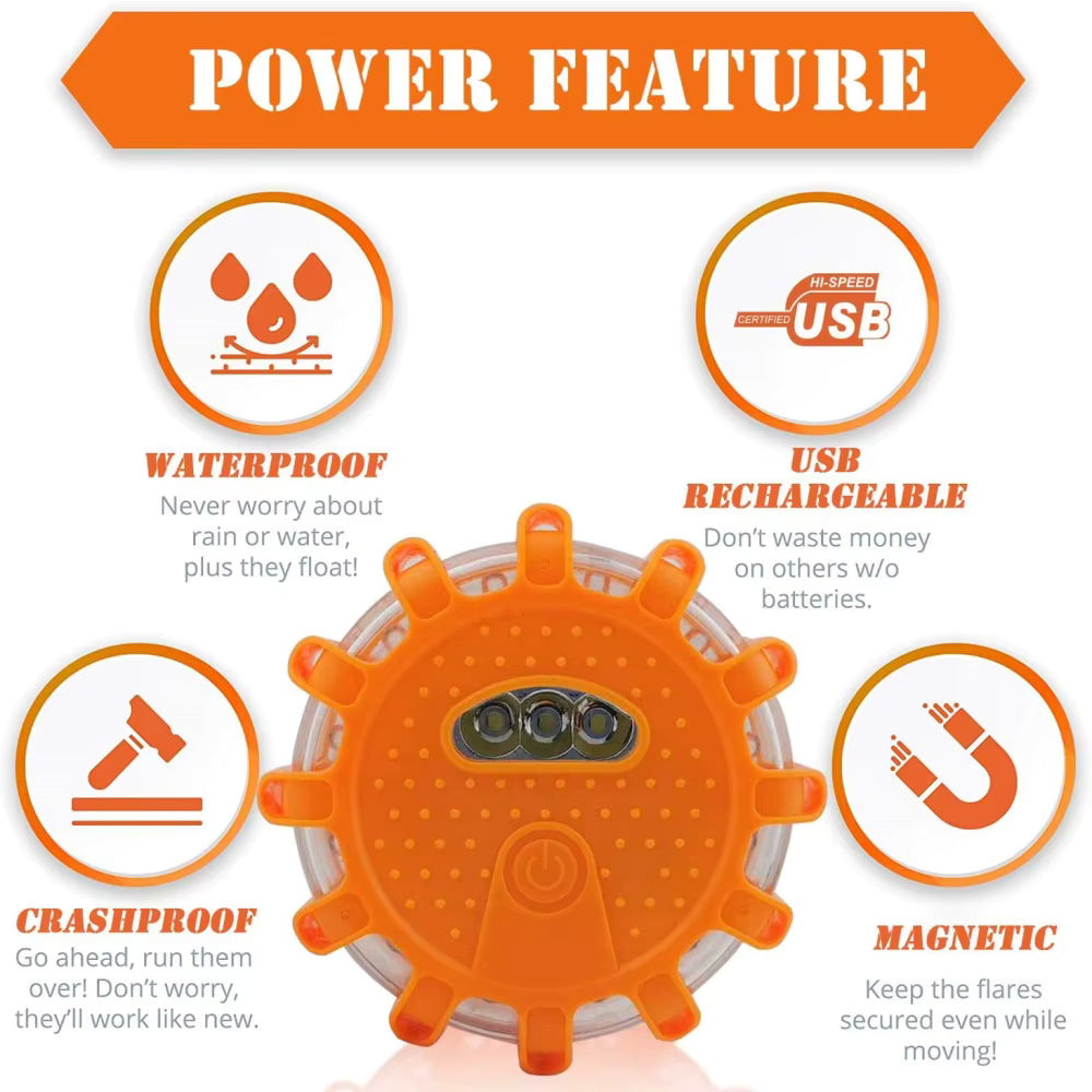 VARELO orange rechargeable emergency LED road flare highlighting waterproof, crashproof, USB rechargeable, and magnetic features