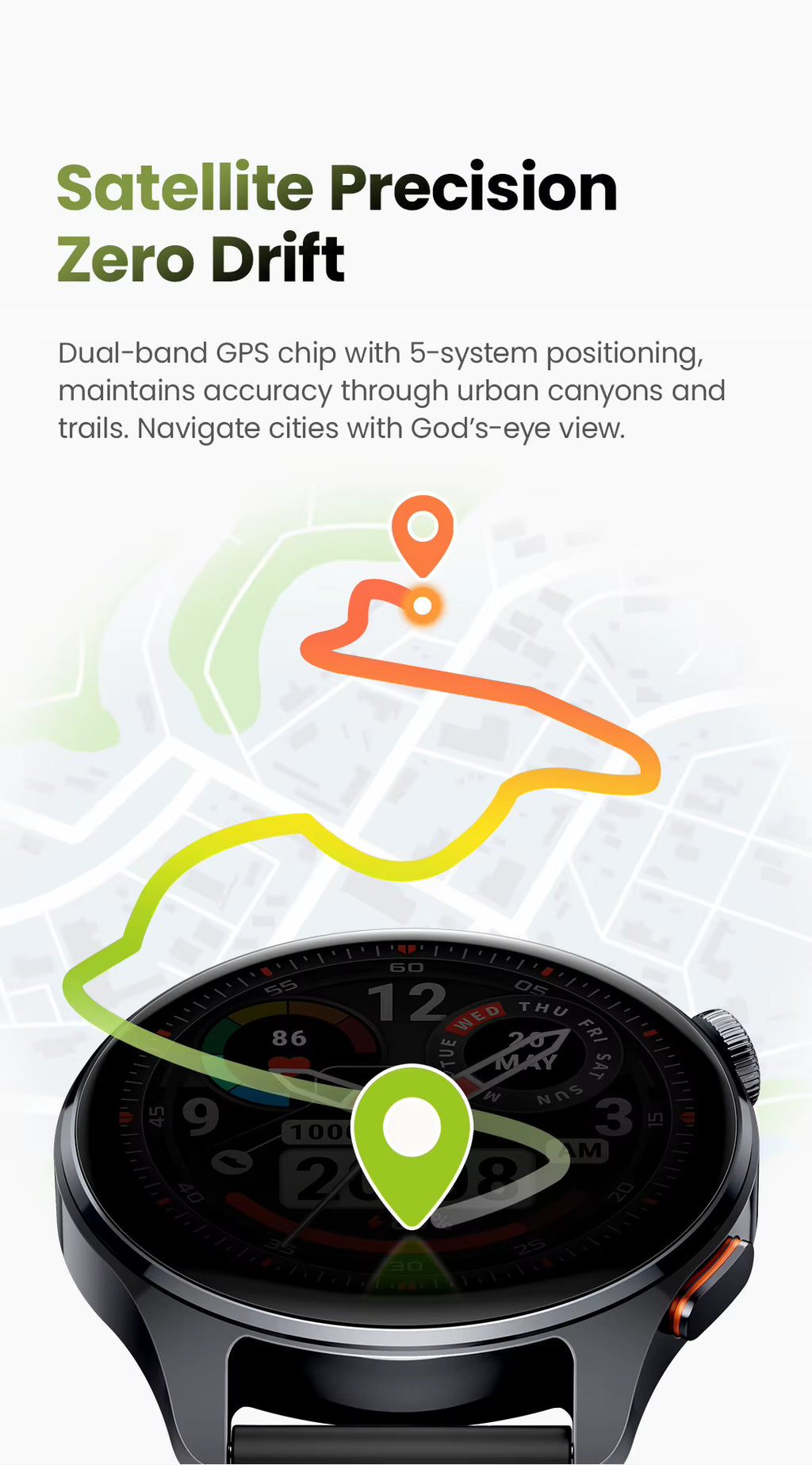 A black smartwatch shown on a light gray background with promotional text reading 'Satellite Precision Zero Drift' and a stylized map line graphic above it.