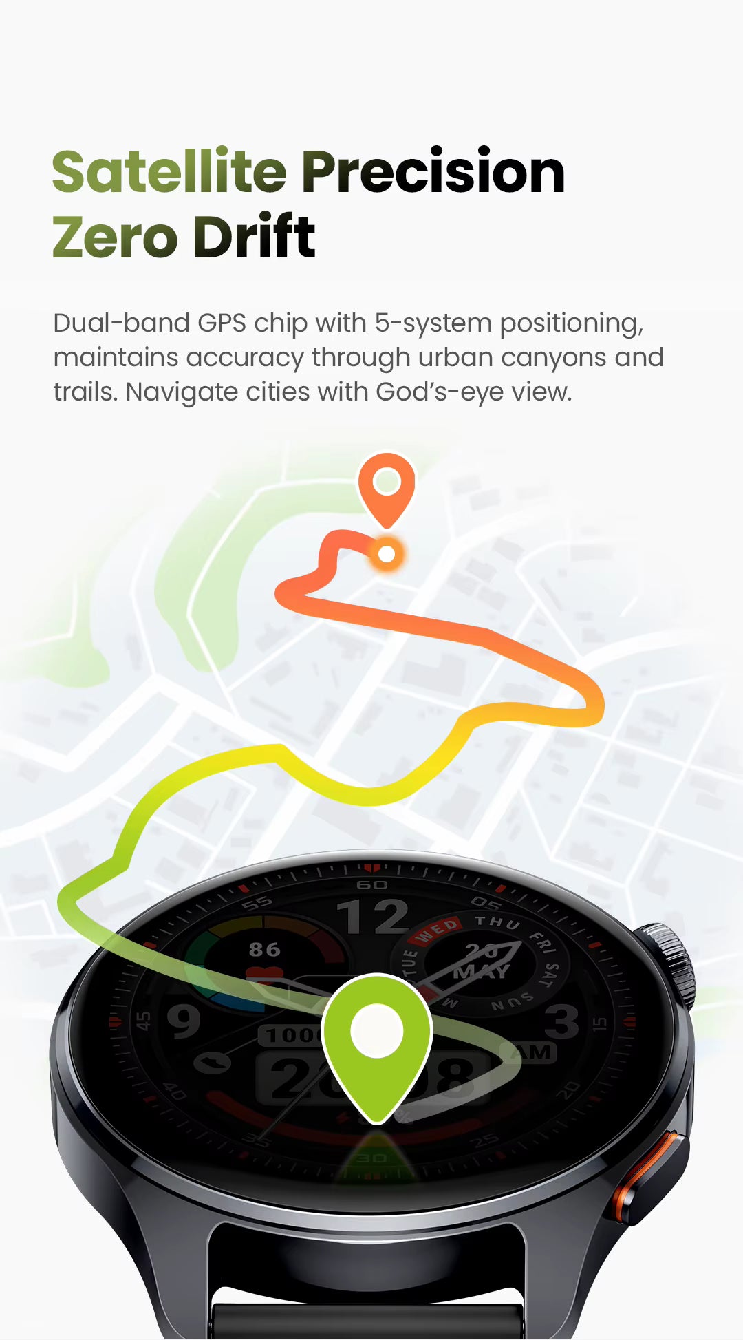 A black smartwatch shown on a light gray background with promotional text reading 'Satellite Precision Zero Drift' and a stylized map line graphic above it.