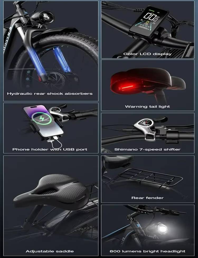Collage of E‑BYCCO EB7Pro electric bicycle parts with features highlighted on a dark background