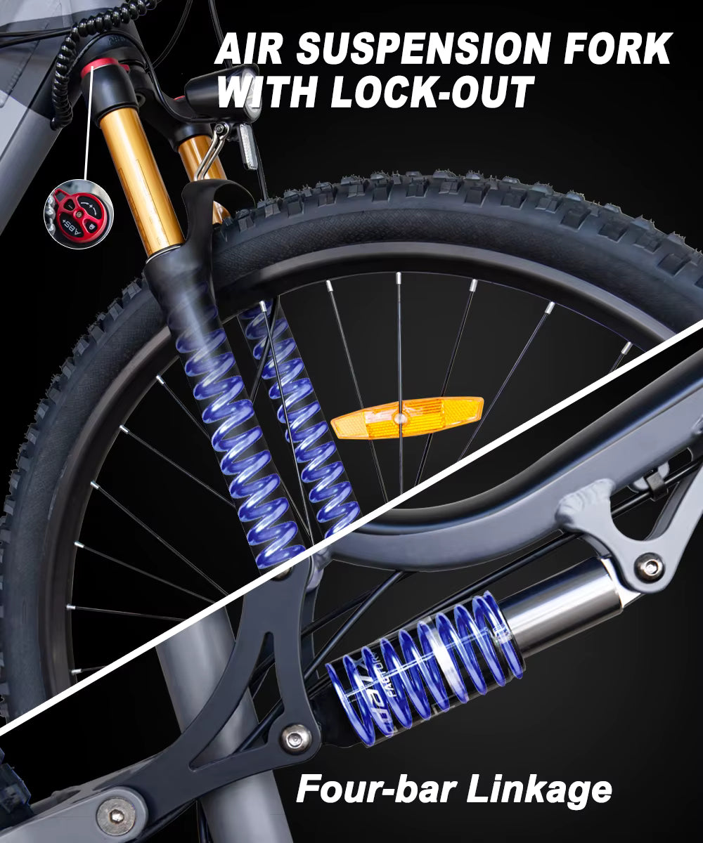 Close-up of a HedaTX TX19 electric bicycle air suspension fork with lock-out mechanism on a black background.