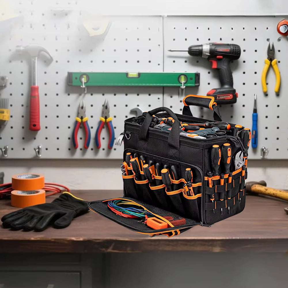 35L Portable Tool Bag Loaded with Tools on Workshop Wood Workbench