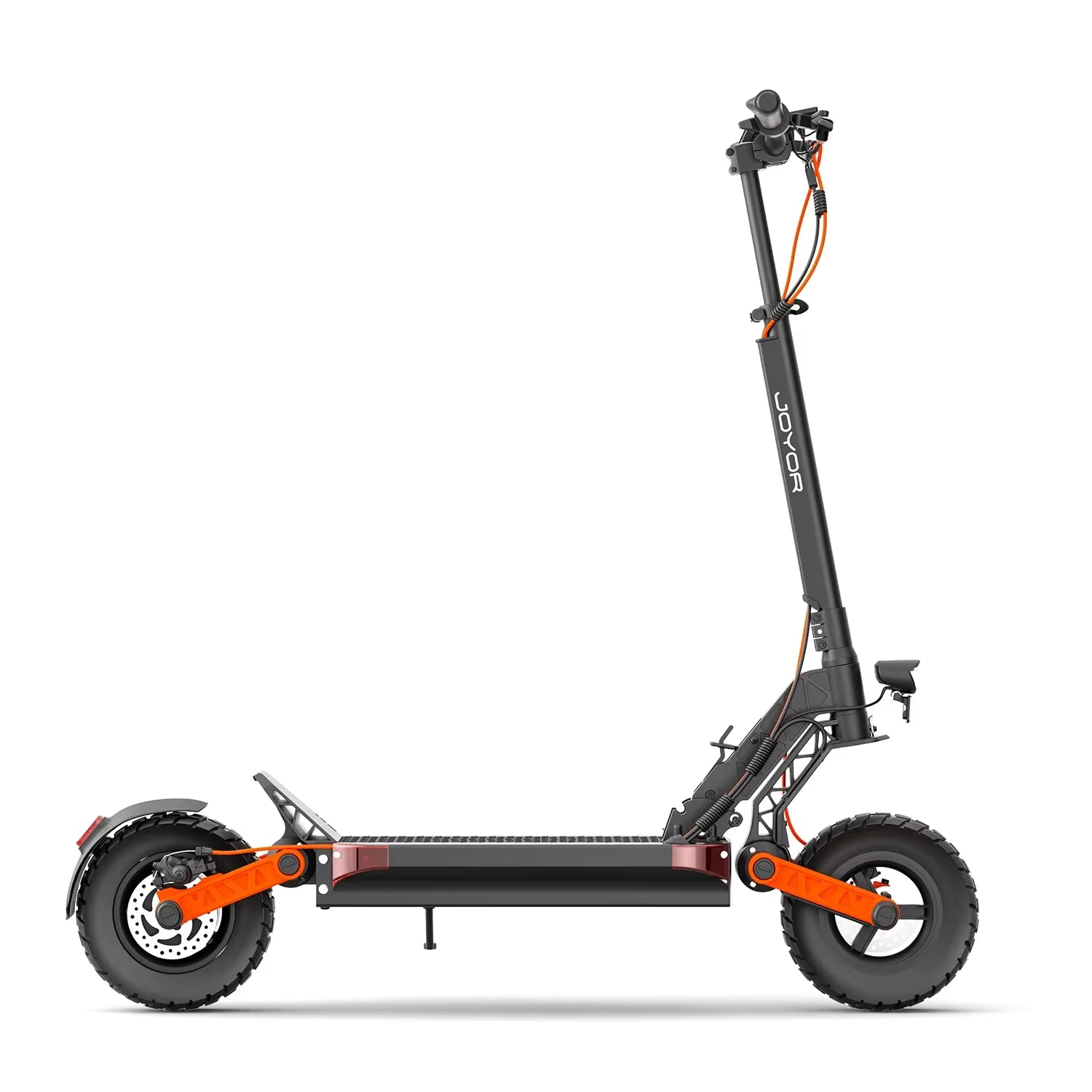 Black and orange electric scooter side image on a white background