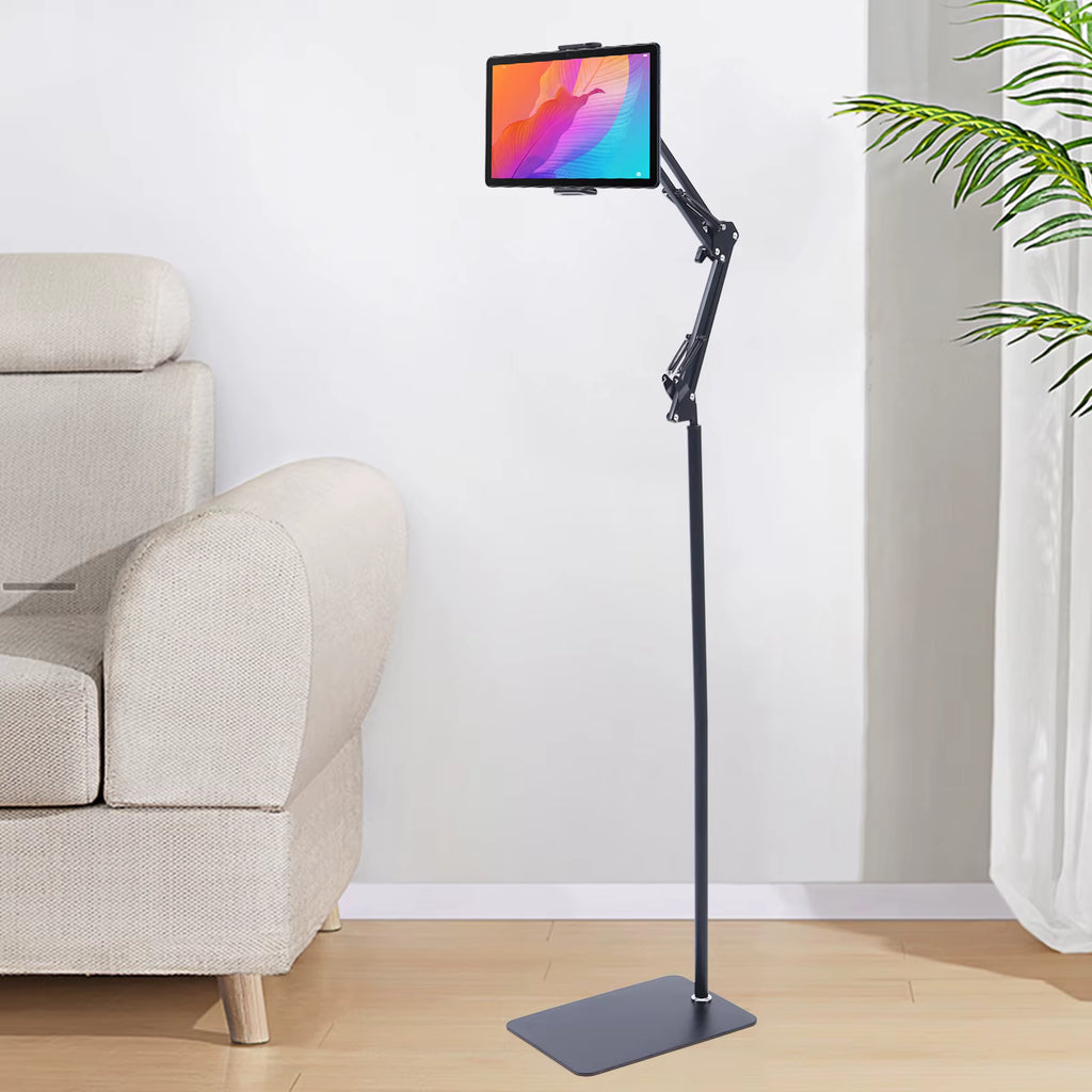 Universal Adjustable Floor Tablet Bracket set up in a modern home interior   
