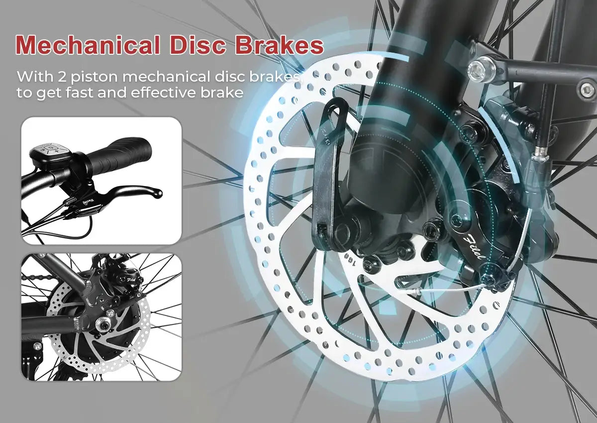 SAMEBIKE RS‑A01 PRO‑T e-bike Mechanical disc brakes with 2 piston system on a motorcycle wheel, featuring close-up details
