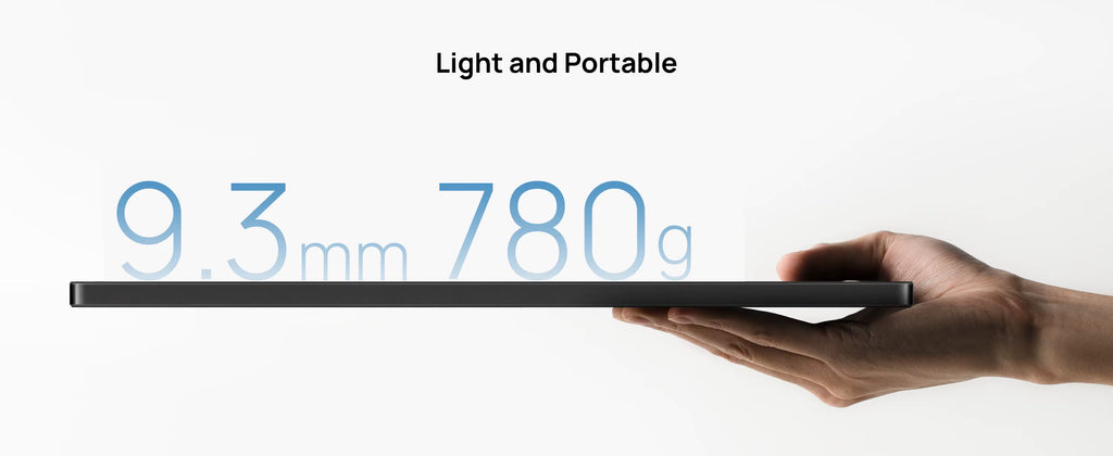 Hand holding a light and portable device with text indicating dimensions and weight.
