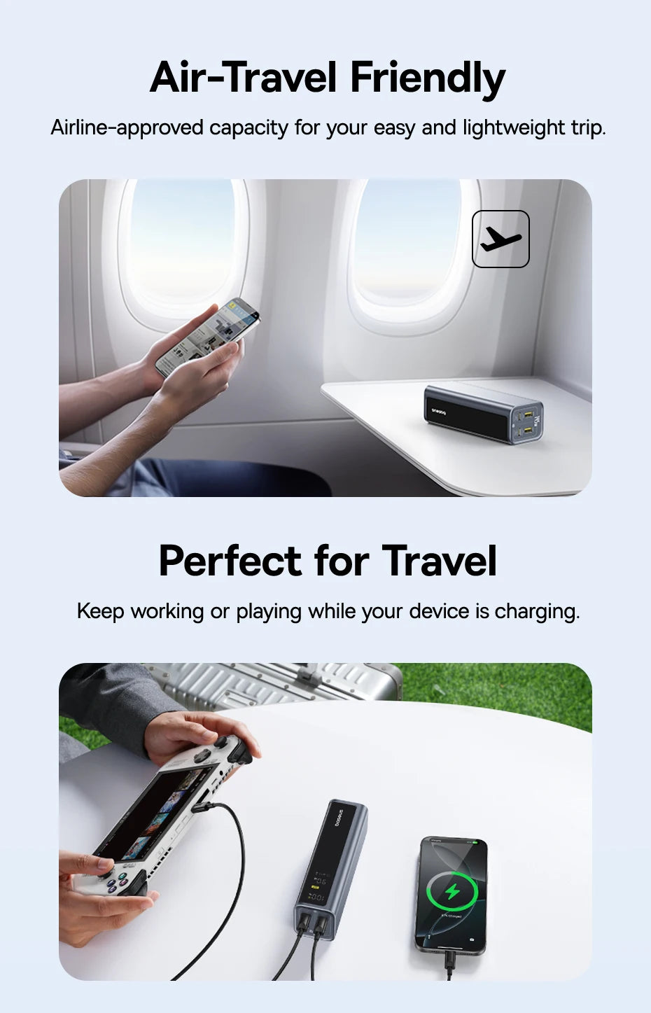 Portable power bank charging device for travel with airplane window and charging setup on a light blue background