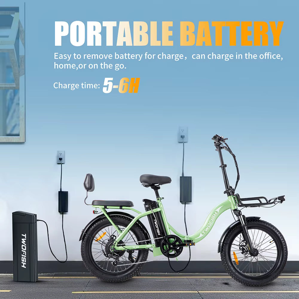 Green electric bike with portable battery system on a blue background