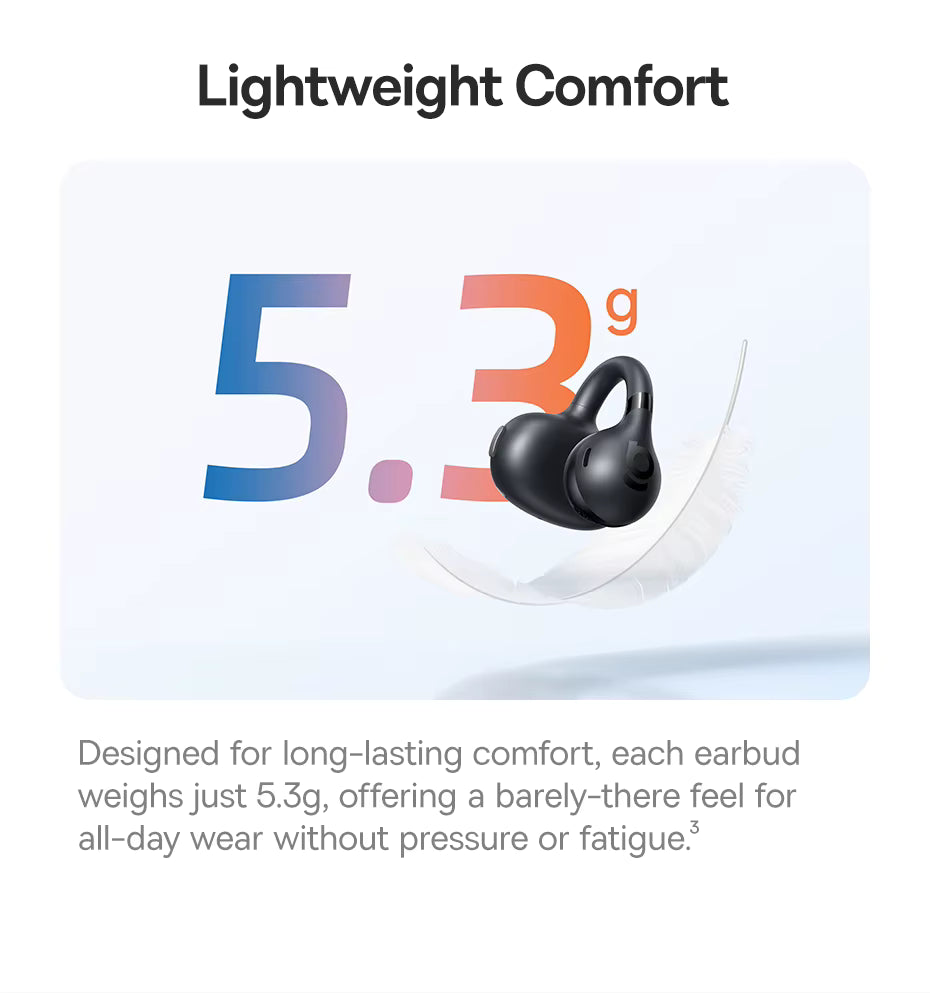 Black wireless earbuds with text about lightweight comfort and weight on a light gray background