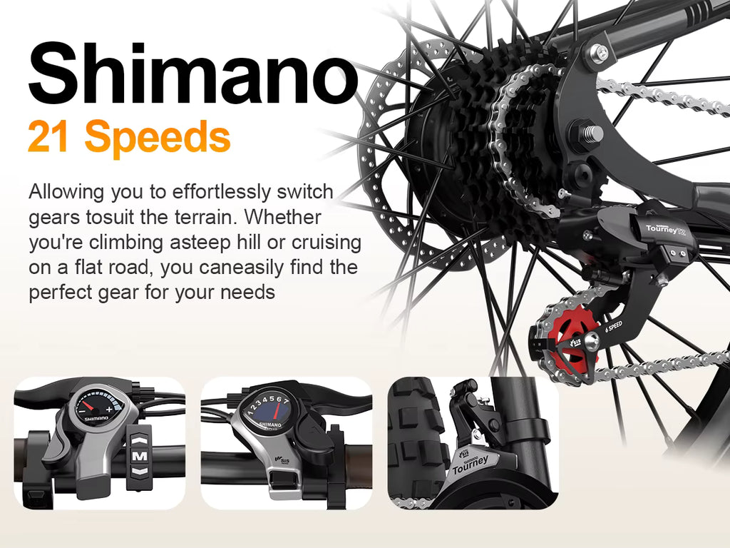 Bicycle gear system with Shimano branding and 21 speeds feature.