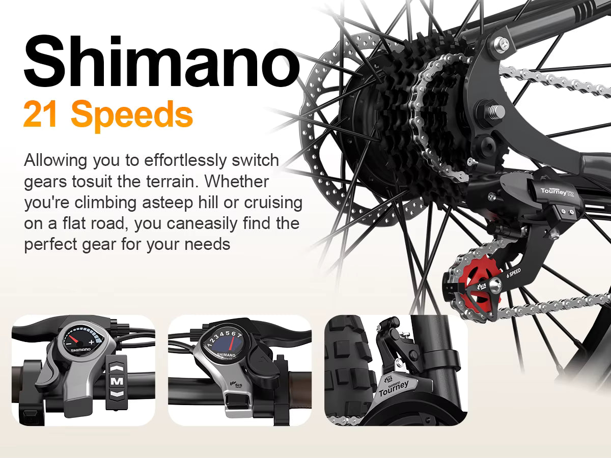 Bicycle gear system with Shimano branding and 21 speeds feature.