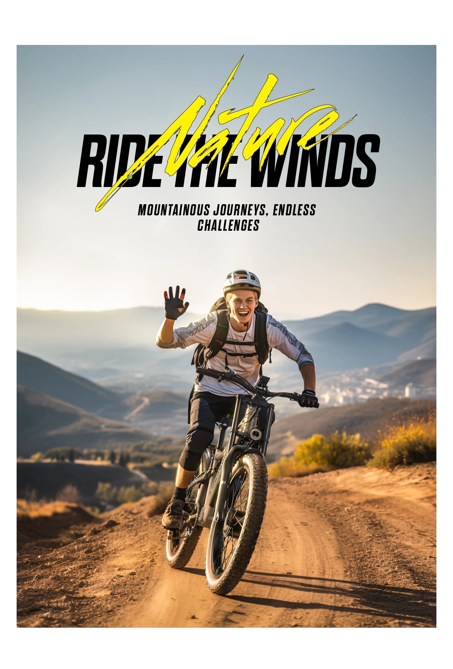 Person riding a bike on a dirt road with mountains in the background, featuring the text 'Ride the Winds' and 'Nature.'