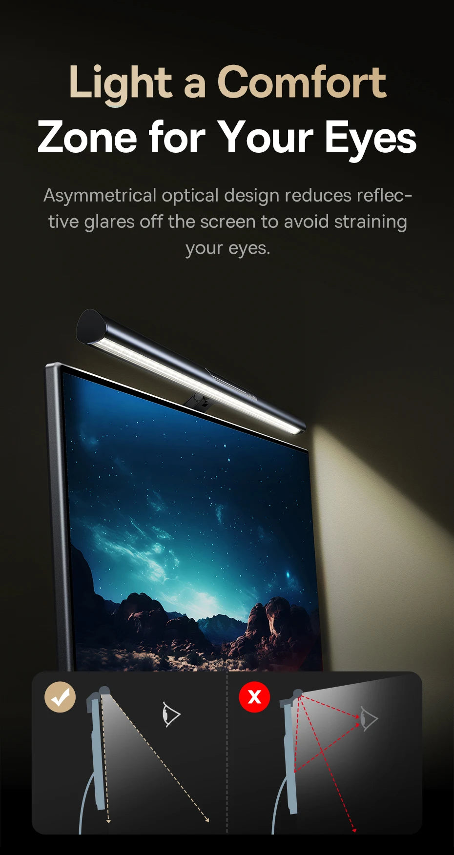 Screen with light bar and text about reducing eye strain