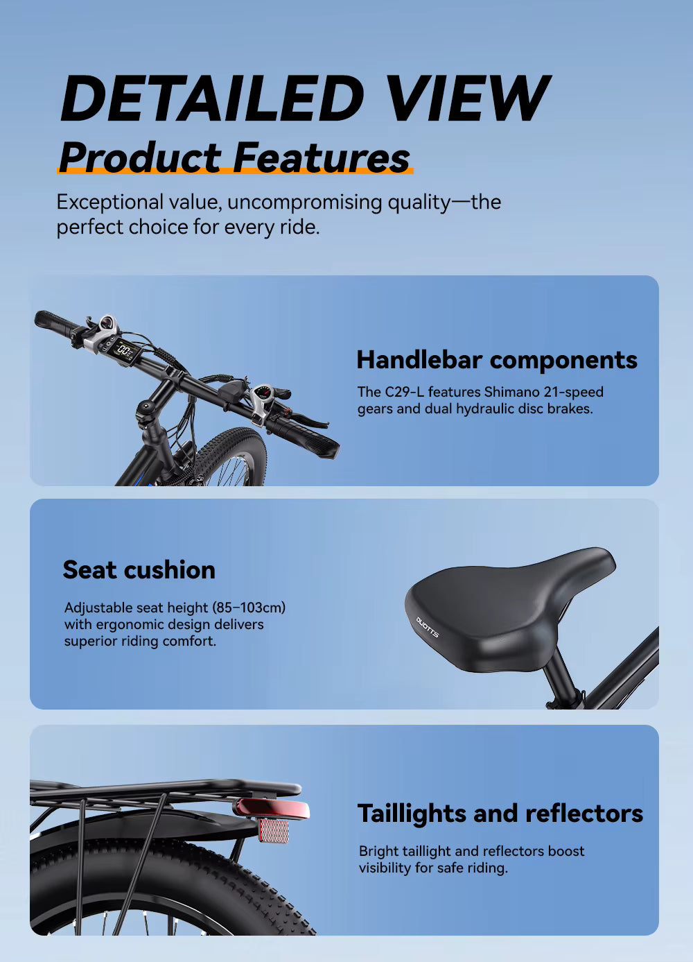 Product features of a bicycle on a blue background