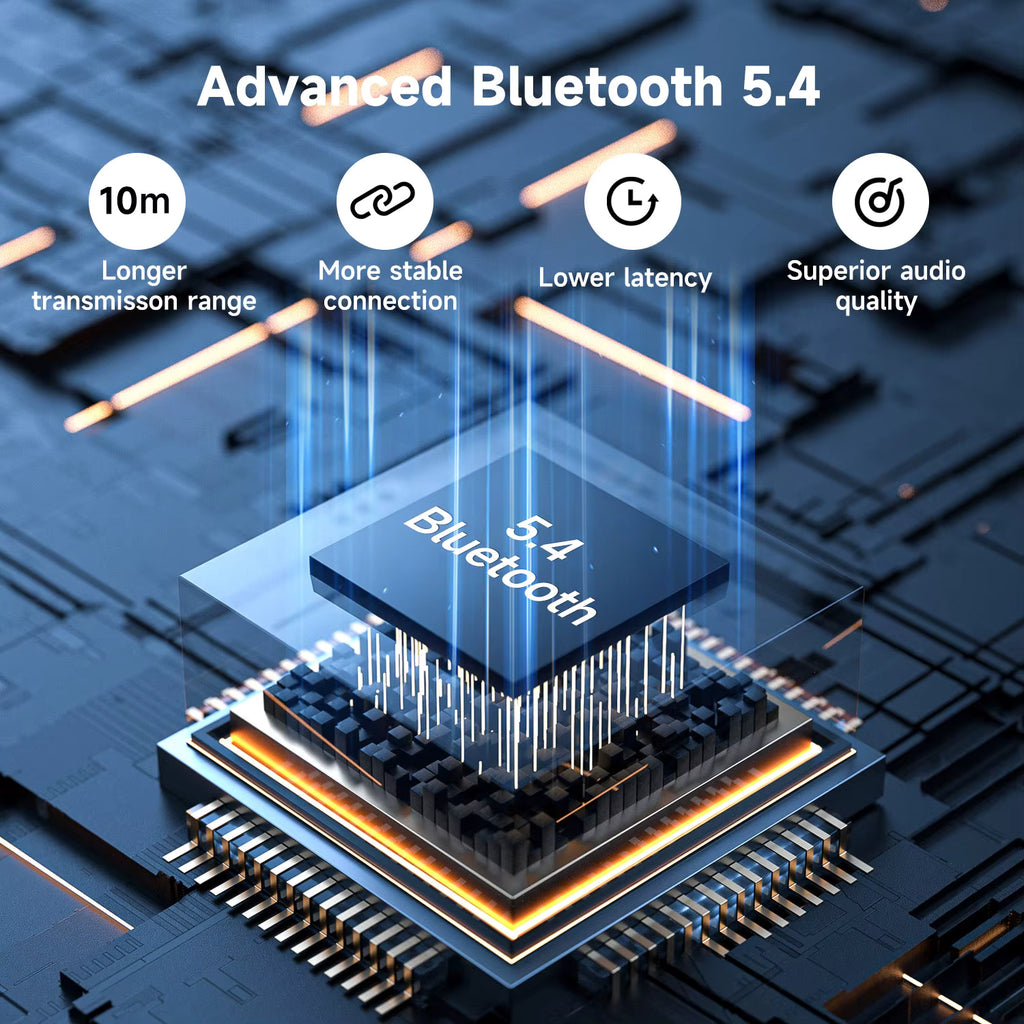 Promotional graphic for a Bluetooth 5.4 chip, showing a central processor module labeled 'Bluetooth 5.