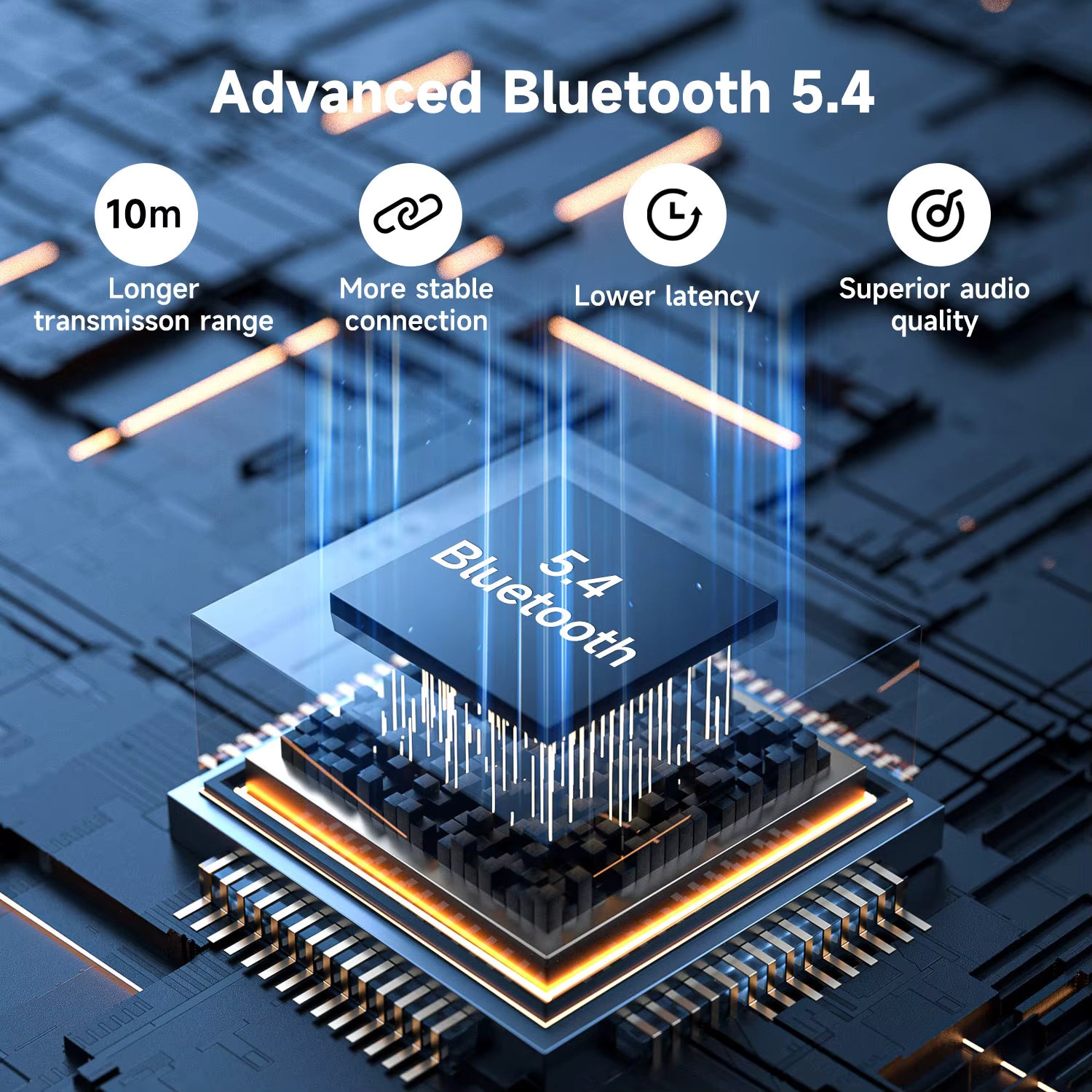 Promotional graphic for a Bluetooth 5.4 chip, showing a central processor module labeled 'Bluetooth 5.