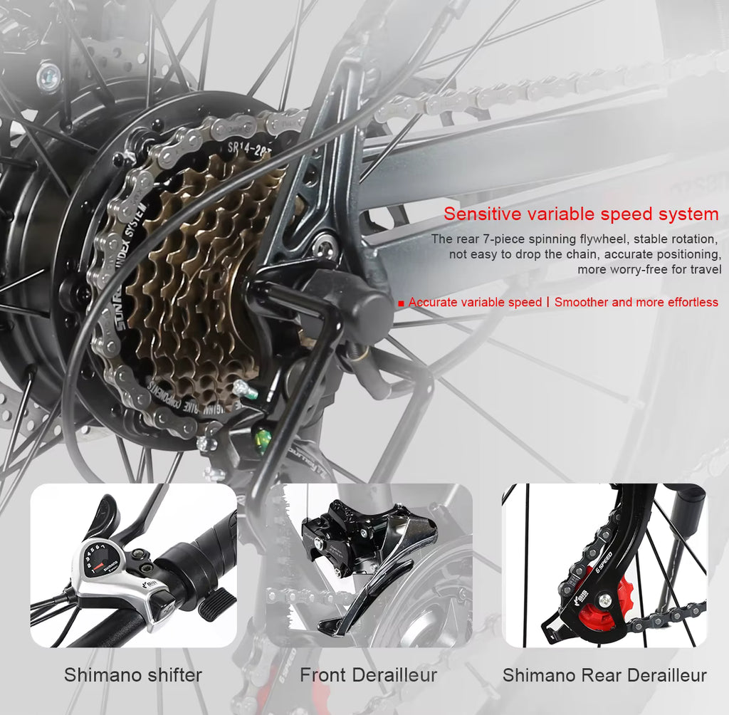 Close-up of a bicycle's gear system with Shimano components on a gray background.