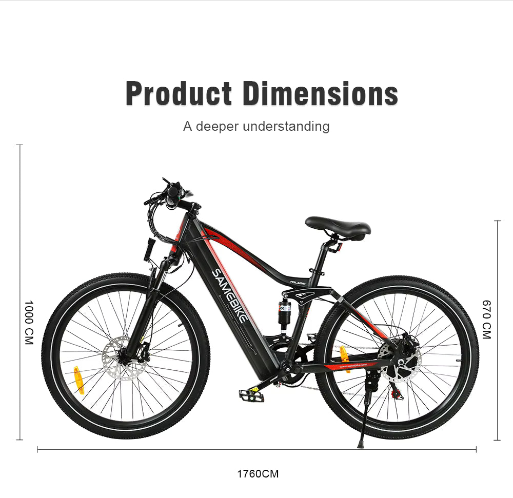 Samebike XD26-II e-bike with dimensions labeled on a white background
