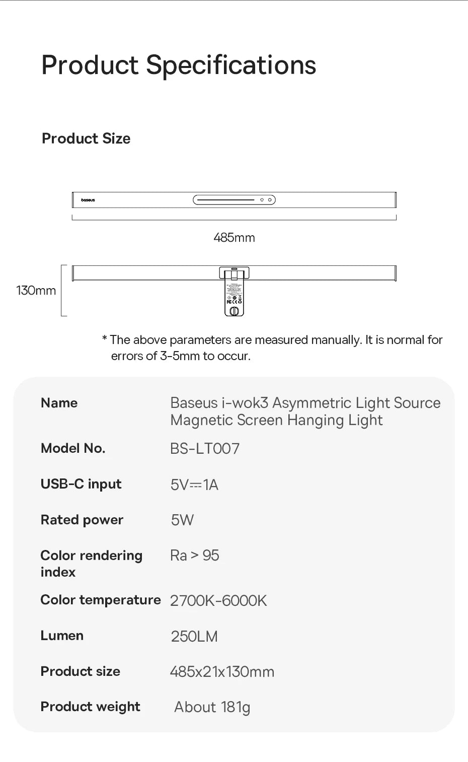 Product specifications sheet for a hanging light with dimensions and technical details.