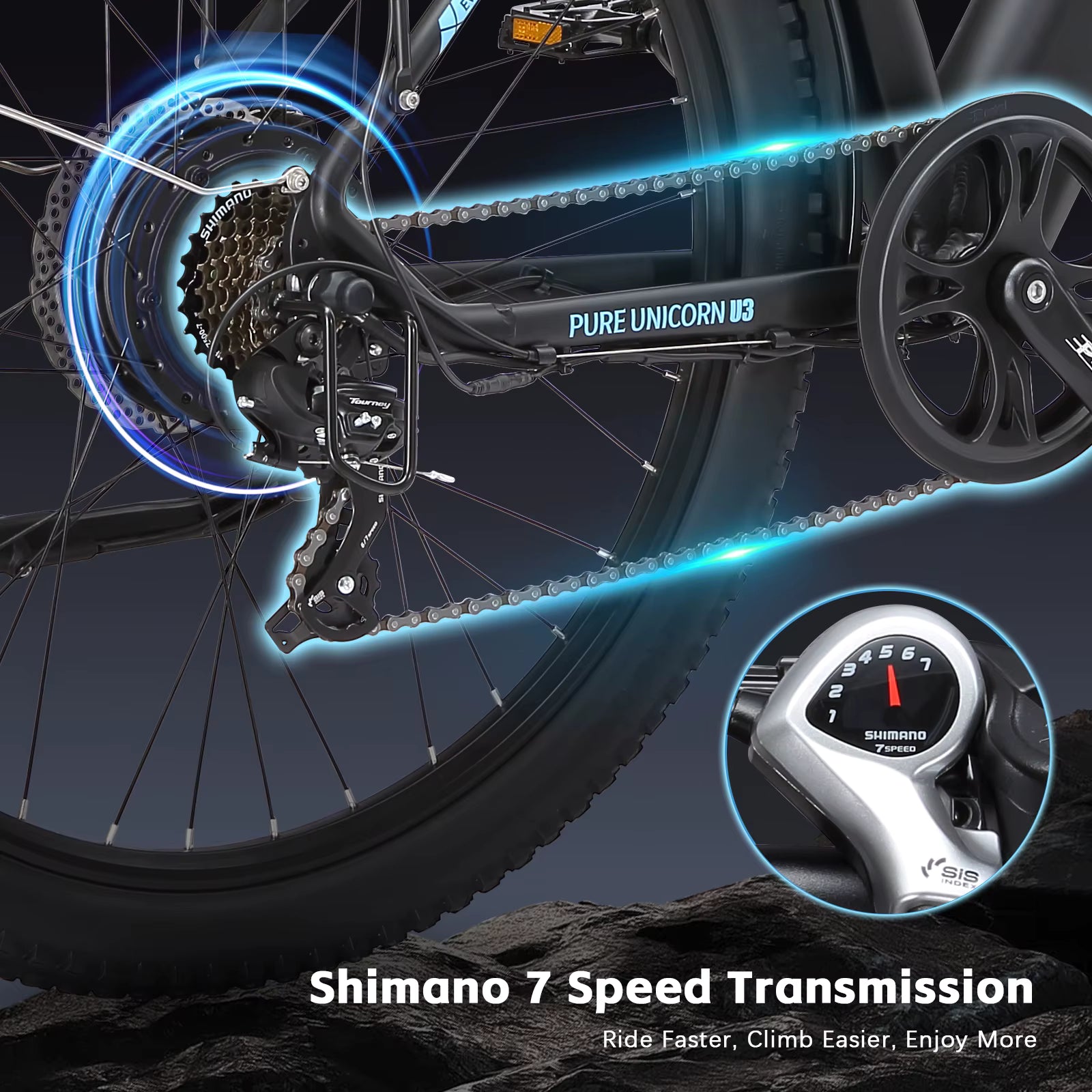 Electric Bicycle with Shimano 7 speed PURE UNICORN U3 transmission system on a dark background