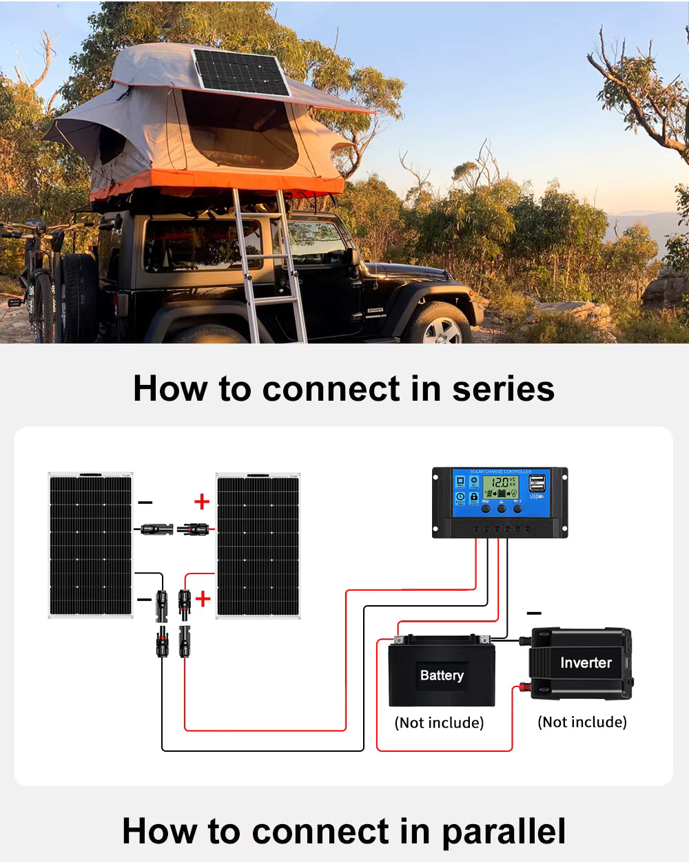 DOKIO solar panel wiring guide illustrating series and parallel electrical connection setups
